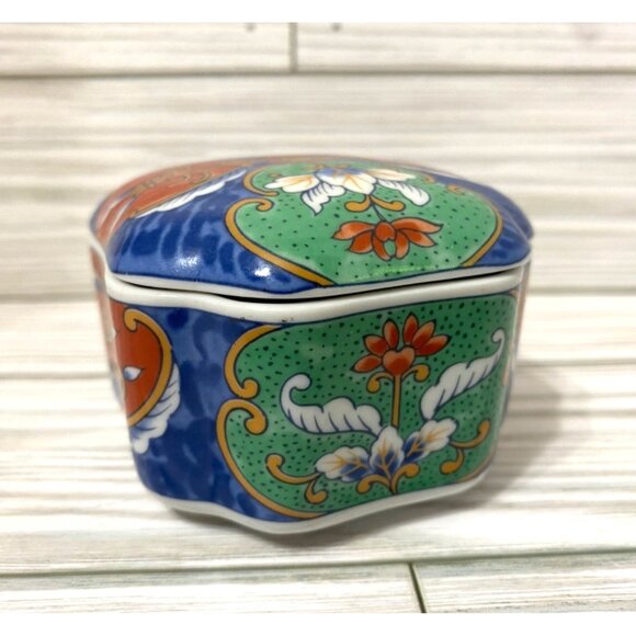 VTG Porcelain Takahashi Japan Floral Trinket Ring Box With Lid Blue - Picture 4 of 7